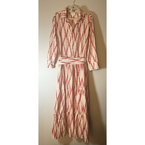 Guadalupe SZ Large Meredith Red Ikat Dress drop waist 1/4 button Cottagecore - Picture 1 of 11